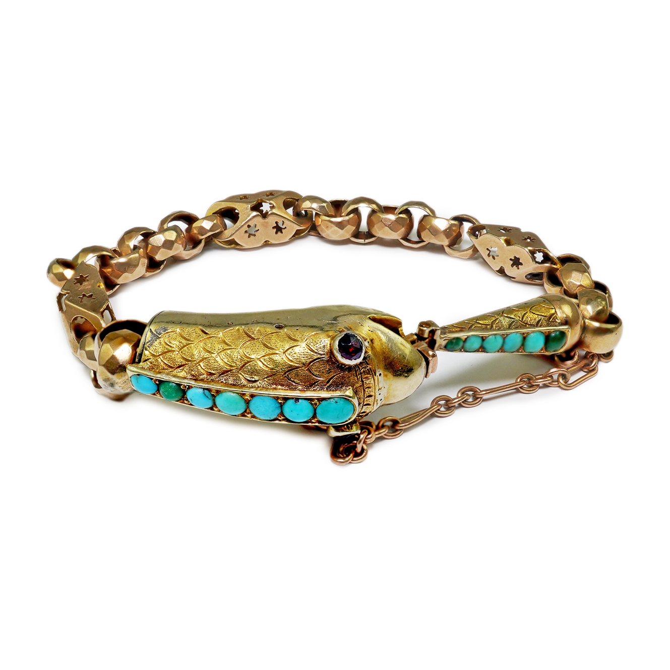 A Victorian gold and turquoise cluster set serpent bracelet